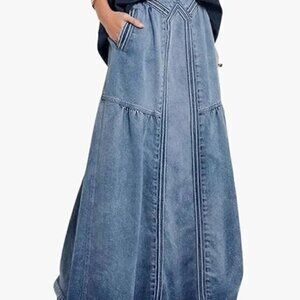 Retro Denim High Waisted A-Line Maxi Skirt